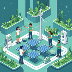 Green Energy Technology Illustration with Solar Panels, Wind Turbine, and EV Charging Stations