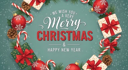 Festive Christmas and New Year Holiday Celebration with Gifts Ornaments Pinecones and Candy Canes on Blue Green