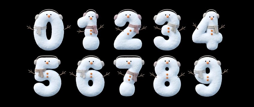 Winter 3d font snowman numbers on black background puffy snow text and white 3d letters in a festive scene