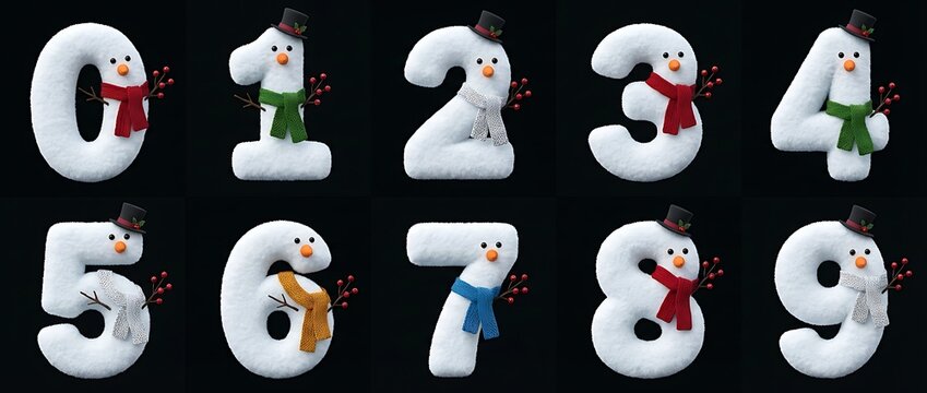 Winter wonderland numbers 3d snowman display with puffy snow text on black background