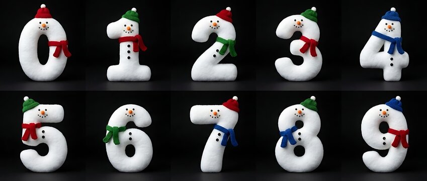 Winter snowman numbers on black background 3d puffy snow text in white letters festive holiday decoration