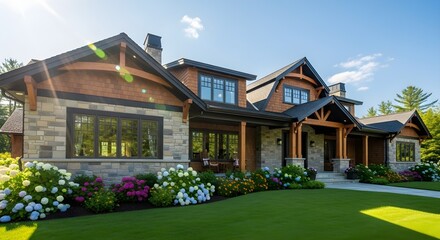 Charming suburban home with lush landscaping and stone accents under a clear blue sky