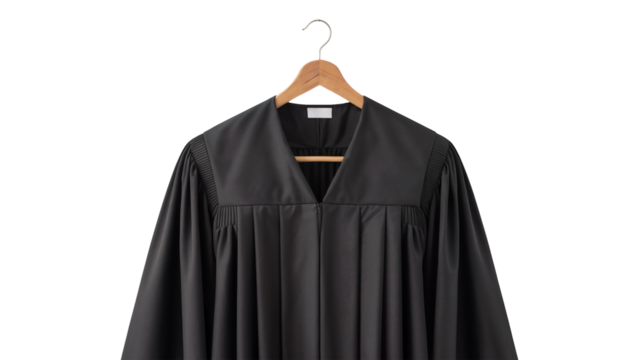 Elegant judicial robe hanging, ready for court, symbolizing justice, law, and legal authority, perfect for law firms and legal professionals isolated on white or transparent png.