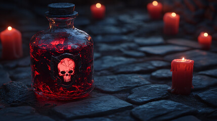 Skull poison potion and candles create a spooky Halloween vibe for an eerie celebration
