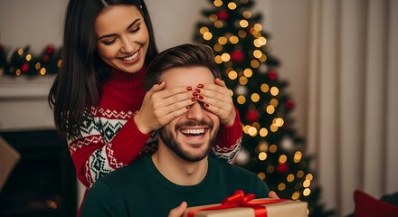 A Christmas surprise Woman covering man s eyes giving gift near decorated tree Holiday joy and romance captured in cozy