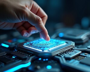 Finger touching digital circuit board with glowing lights