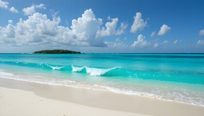 Fototapeta premium Maldives Sandy Beach Panorama with Turquoise Waves and Blue Sky