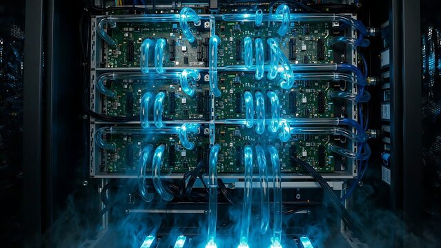 Powerful server array with advanced liquid cooling system and vibrant blue lighting for modern data center solutions