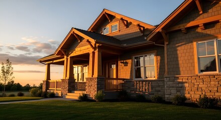 Fototapeta premium Stunning modern craftsman home exterior with stone and wood details, illuminated by the warm glow of a picturesque sunset