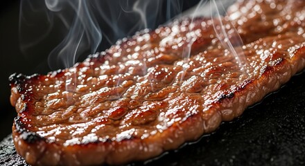 Delicious, sizzling grilled meat, showing detail of texture with steam rising and appetizing visual