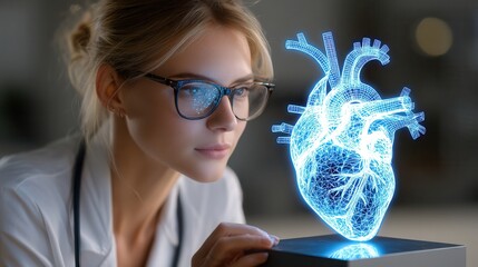 Dedicated doctor examining futuristic heart hologram for innovative medical research and cutting-edge cardiology advancements in the modern laboratory