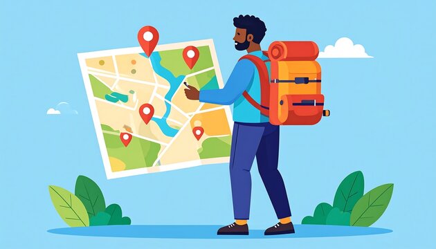 An illustrated depiction of a person with a backpack, holding a map with location markers, possibly navigating - Powered by Adobe