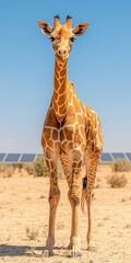 Obraz premium Lone Giraffe Standing Tall Under Bright Blue Sky in Desert Landscape with Solar Panels in Background