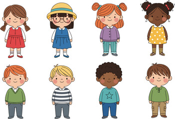 Cartoon children, diverse kids, boys and girls, colorful outfits, playful illustration, hairstyle variety, casual clothes, happy faces, multicultural, cheerful, cute, character design, educational