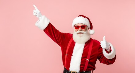 Cheerful Santa Claus in Red Suit Pointing Upward and Giving Thumbs Up Against a Pink Background Spreading Joy and