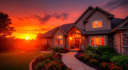 Stunning photo-realistic image of a modern home during a vibrant sunset, showcasing a warm glow on the horizon and surrounding landscape