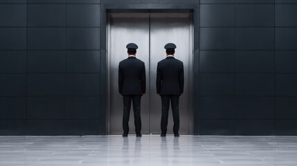 Two uniformed individuals stand back-to-back in front of a sleek, modern elevator in a minimalist, dark-themed space.