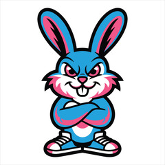 Cool Blue Cartoon Rabbit Character with Crossed Arms and Sneakers