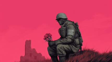 A soldier sits in contemplation, holding roses, against a vibrant pink backdrop, symbolizing peace amidst conflict, with a ruined structure in the background.