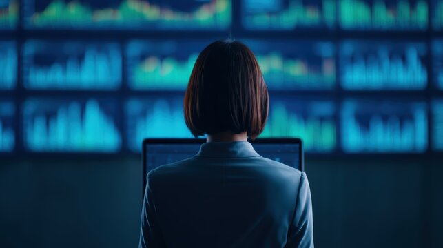 A professional analyzing data trends on a computer, surrounded by colorful graphs and visualizations.