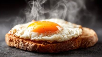 A perfectly fried egg with a vibrant yolk atop toasted bread, with steam rising