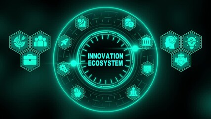 Teal Neon Digital Hub with Hexagonal Icons Representing Innovation Ecosystem Elements on a Dark Teal Background - Powered by Adobe