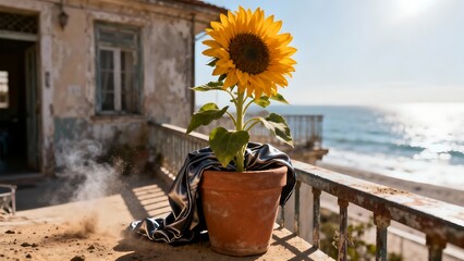 Sunflowers in terracotta pots, on the background of an old beach house's porch, amidst the sunlight and blurred sea.