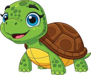 Cute cartoon turtle, vector illustration, colorful flat design, cheerful animal drawing, children’s book character, playful artwork, decorative, animated style, smiling