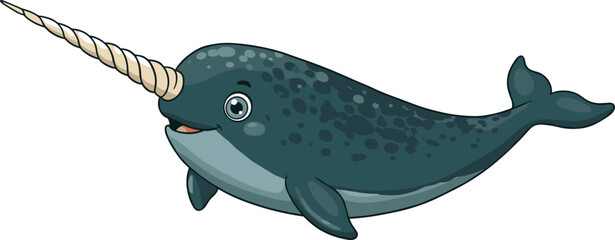 Cute narwhal cartoon character, spiral tusk, blue marine animal, vector illustration for children, ocean wildlife design, nursery wall art © Nusaiba's World