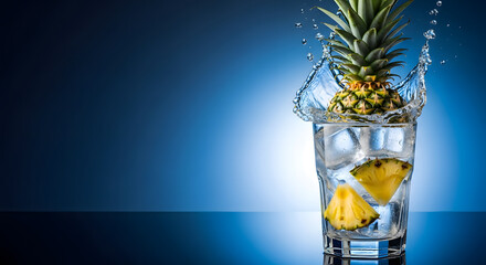 Pineapple splashing into glass of water with ice and fresh fruit  
