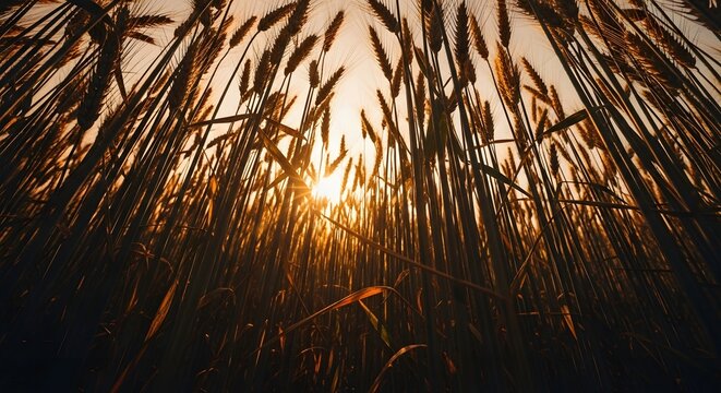 Low angle view of golden wheat ears in a grain field silhouetted against a bright sunset or sunrise sky with a strong lens flare - Powered by Adobe