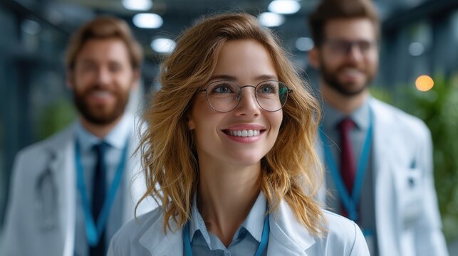 Optimistic female doctor with friendly medical team ready to provide compassionate care, offering hope and expertise in a modern hospital setting