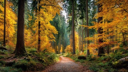 Obraz premium A pathway weaves through a vibrant autumn forest, trees displaying golden and green foliage