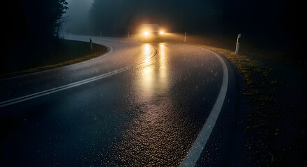 Fototapeta premium Wet Road at Night with Car Headlights, Tranquil and Moody