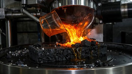 Dynamic shot of molten material being poured onto a solid surface in a modern laboratory setting for scientific research