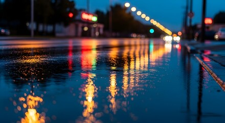 Obraz premium Shimmering Reflections on Wet Asphalt A Peaceful Evening Scene
