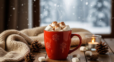 Cozy up with hot chocolate and marshmallows by the window, the perfect winter treat to warm up your day with a sweet, festive holiday feeling