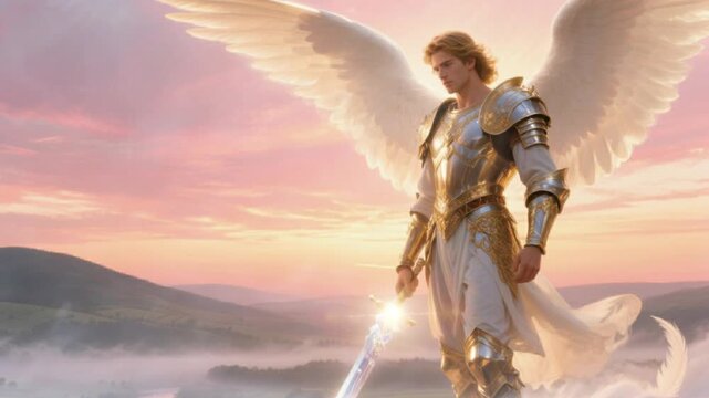Celestial Guardian: A celestial being stands tall, wings unfurled, bathed in the soft glow of dawn. The figure holds a shimmering sword.