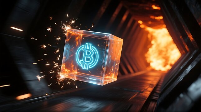 Dynamic neon Bitcoin cube soaring through fiery tunnel, sparking excitement for cryptocurrency and blockchain technology