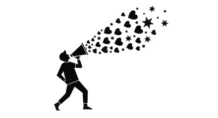 Silhouette of a person announcing joy and love through a megaphone, with hearts and stars spreading out.