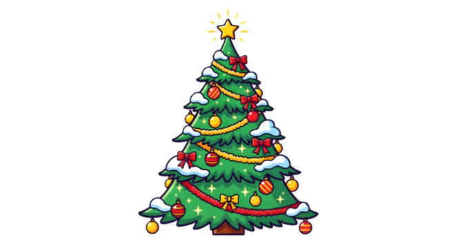 Abstract color vector illustration of a festive Christmas tree decoration with ornaments, stars, and gifts, celebrating the holiday season