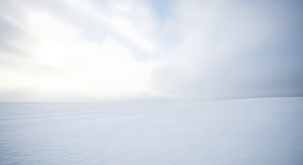 Minimalist, bright winter landscape with a snow-covered field and a luminous, overexposed white and soft gray sky horizon
