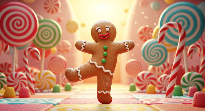 Delightful gingerbread man dancing amidst colorful candy canes and lollipops, creating a whimsical Christmas wonderland of sugary joy and festive cheer