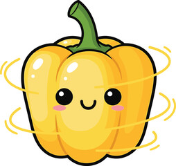Cute yellow bell pepper, cartoon vegetable character, smiling food illustration, healthy eating mascot, playful produce design, cheerful kitchen artwork