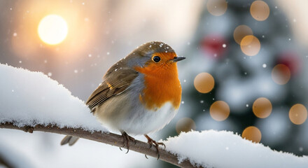 Delightful robin perched on snowy branch with soft Christmas lights twinkling in the background creating a magical winter wonderland scene