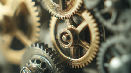 clockwork. A close-up of a complex mechanical gear mechanism with a central gear jammed. event key visuals, club posters, designed for sports event promotions and stadium branding.