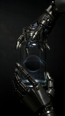 Fototapeta premium Futuristic robot hands holding a glowing sphere in a glass jar, exploring technology and artificial intelligence concepts
