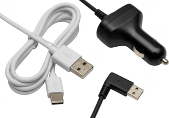 Closeup of a white usbc cable and a black car charger with usb port, isolated on transparent background