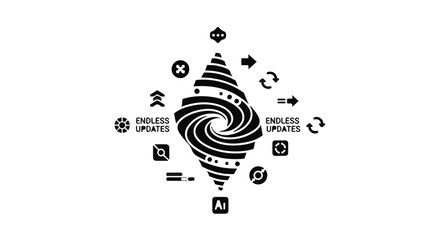 Abstract vortex representing endless updates and digital transformation with technology icons