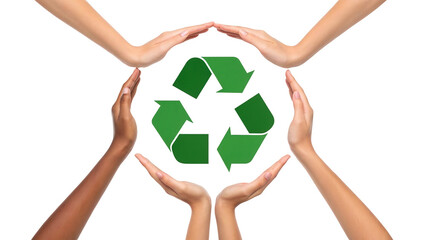 Hands surrounding green recycling symbol isolated on transparent background isolated on transparent background